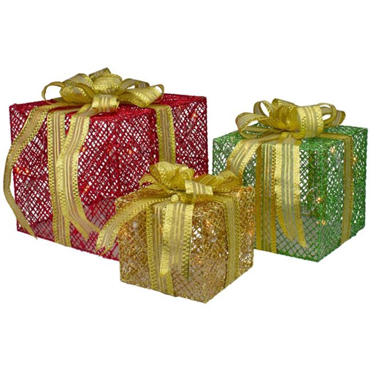 Northlight 34859993 LED Lighted Glitter Gift Boxes Outdoor Christmas Decoration, Red, Green &#x26; Gold - Set of 3